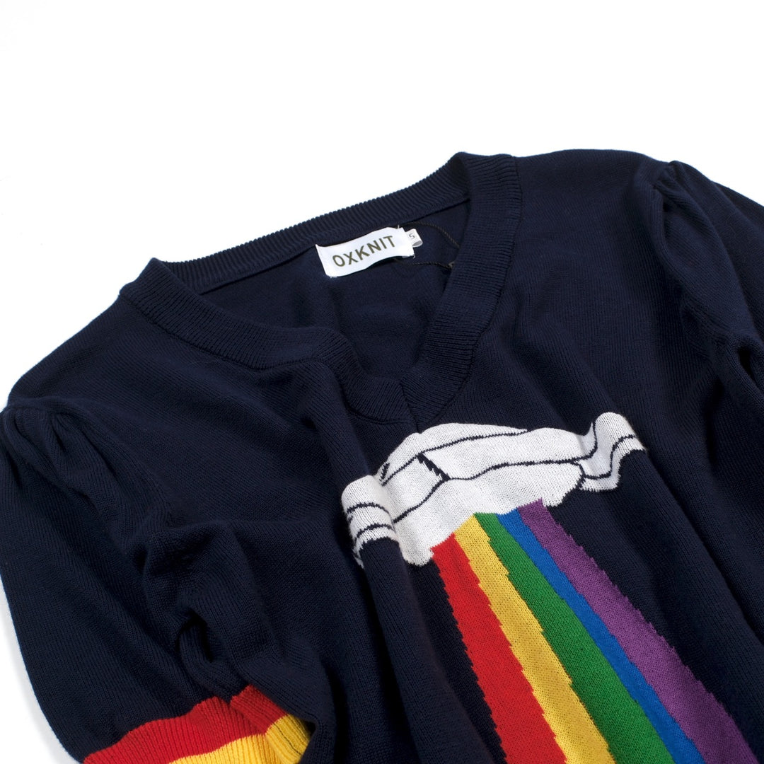 T-shirt tricoté rétro bleu foncé arc-en-ciel pour femme