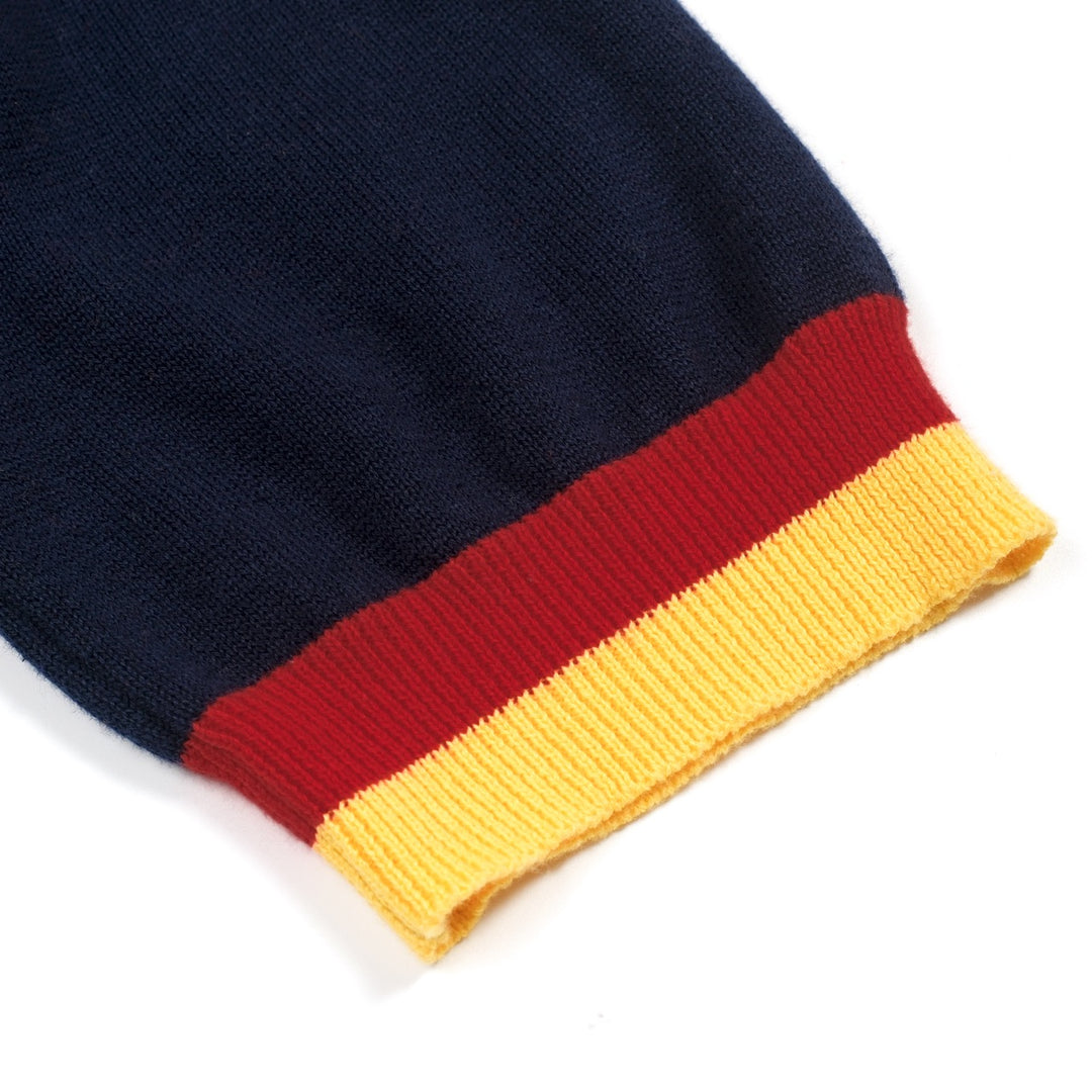 T-shirt tricoté rétro bleu foncé arc-en-ciel pour femme