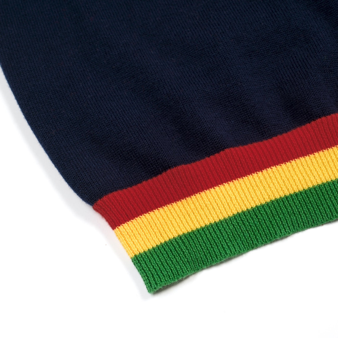 T-shirt tricoté rétro bleu foncé arc-en-ciel pour femme
