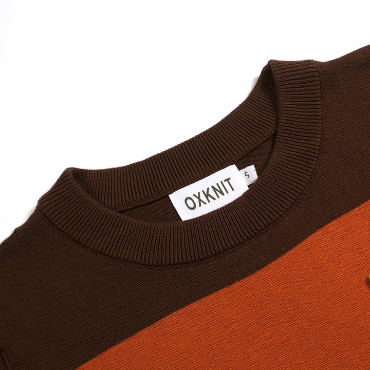 Women's Brown Retro Striped Pocket Crew Neck Knit T-Shirt
