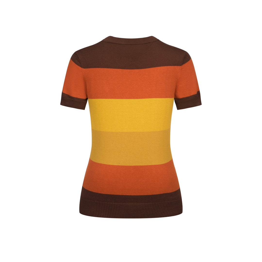 Women's Brown Retro Striped Pocket Crew Neck Knit T-Shirt