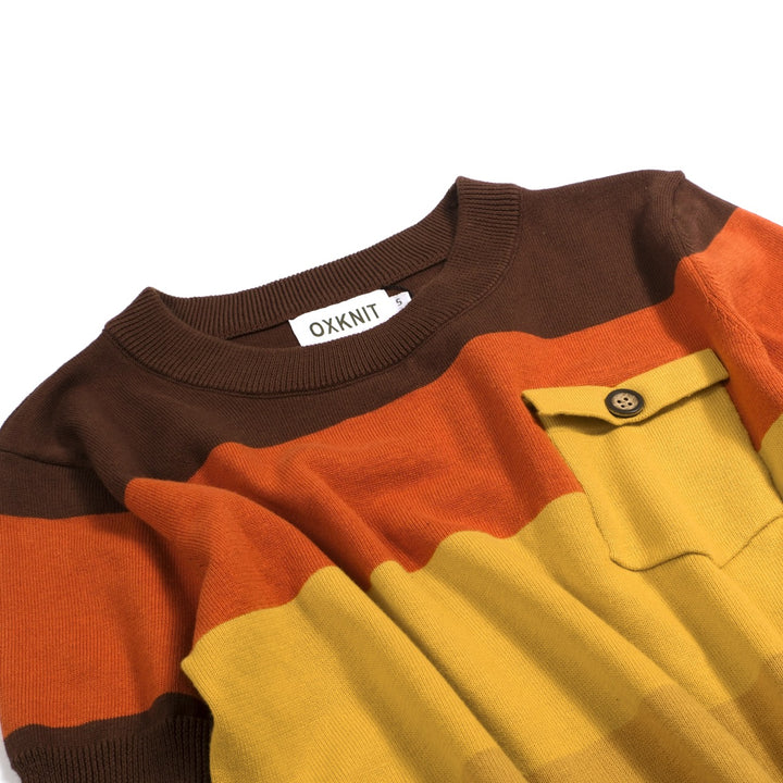 Women's Brown Retro Striped Pocket Crew Neck Knit T-Shirt
