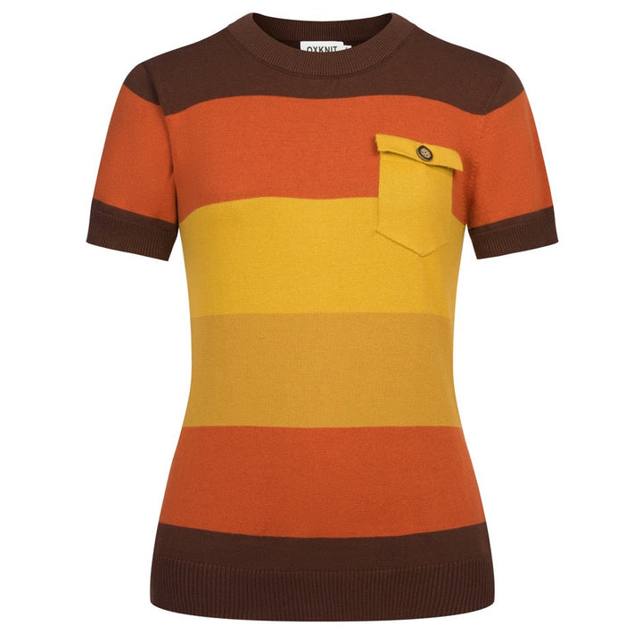 Women's Brown Retro Striped Pocket Crew Neck Knit T-Shirt
