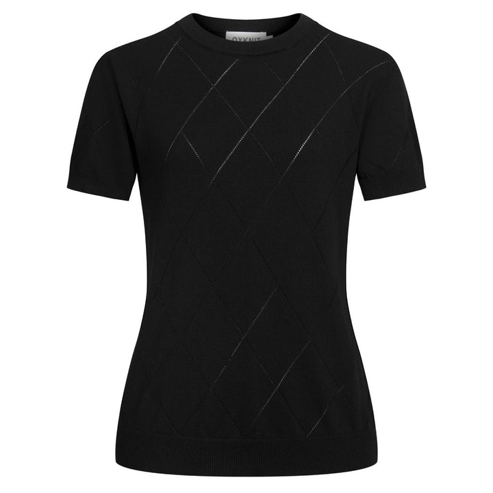 T-shirt en maille noir rétro simple à col rond ajouré pour femme