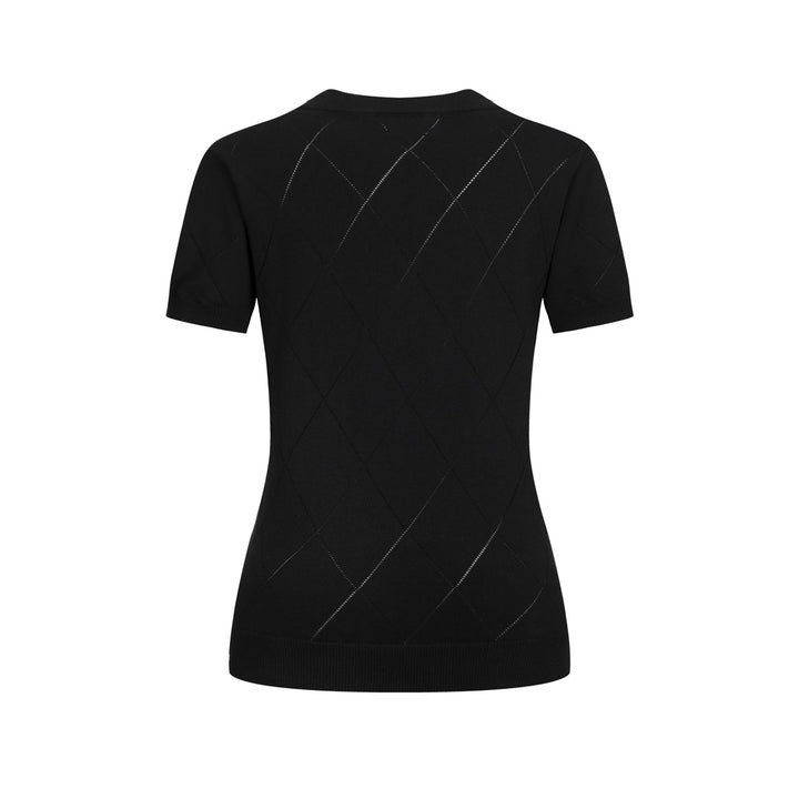 T-shirt en maille noir rétro simple à col rond ajouré pour femme