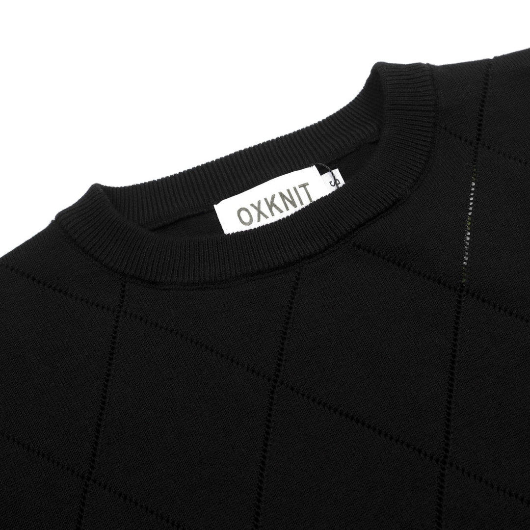T-shirt en maille noir rétro simple à col rond ajouré pour femme