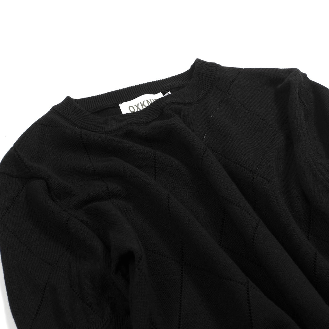 T-shirt en maille noir rétro simple à col rond ajouré pour femme