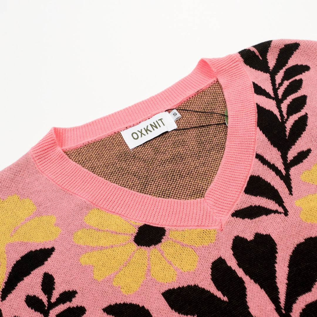 Dames Roze 70s Retro Gebreide T-Shirt met Bloemen Pop Art Stijl