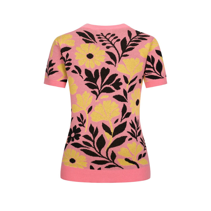 Dames Roze 70s Retro Gebreide T-Shirt met Bloemen Pop Art Stijl