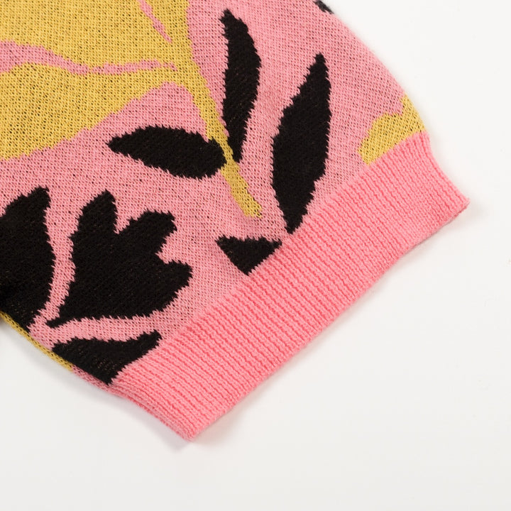 Dames Roze 70s Retro Gebreide T-Shirt met Bloemen Pop Art Stijl