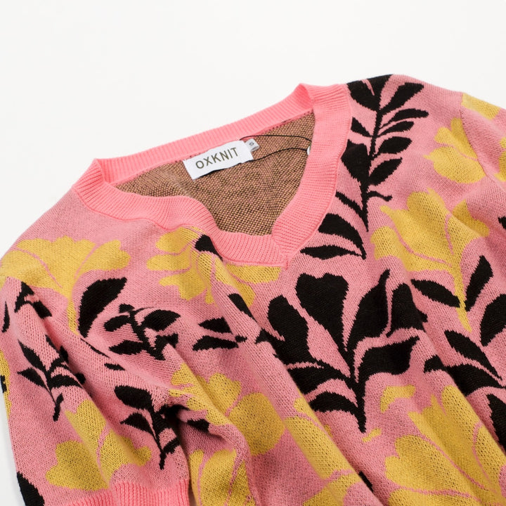 Dames Roze 70s Retro Gebreide T-Shirt met Bloemen Pop Art Stijl