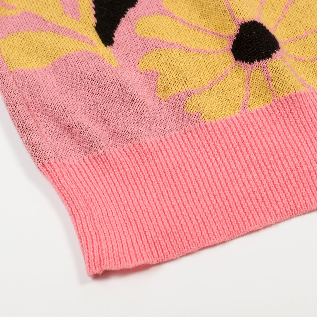 Dames Roze 70s Retro Gebreide T-Shirt met Bloemen Pop Art Stijl