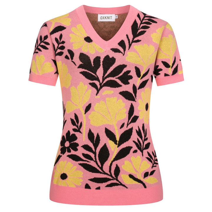Dames Roze 70s Retro Gebreide T-Shirt met Bloemen Pop Art Stijl