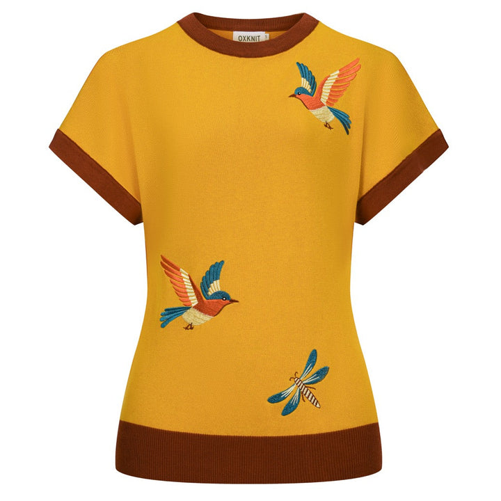 Women's Yellow Retro Animal Embroidery Batwing Sleeve Knit T-Shirt