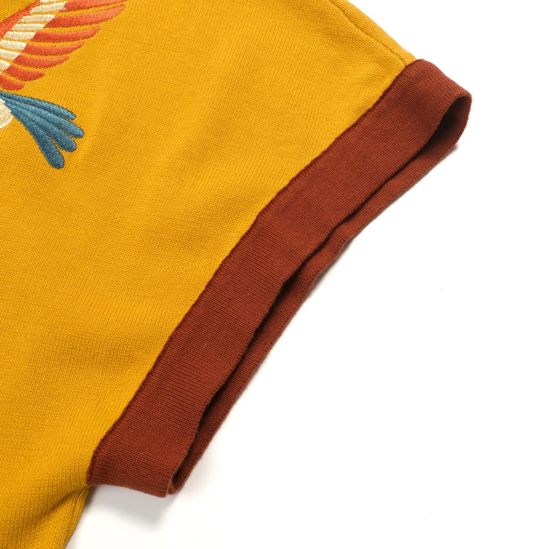 Women's Yellow Retro Animal Embroidery Batwing Sleeve Knit T-Shirt