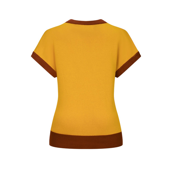 Women's Yellow Retro Animal Embroidery Batwing Sleeve Knit T-Shirt