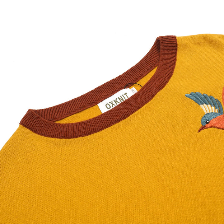 Women's Yellow Retro Animal Embroidery Batwing Sleeve Knit T-Shirt