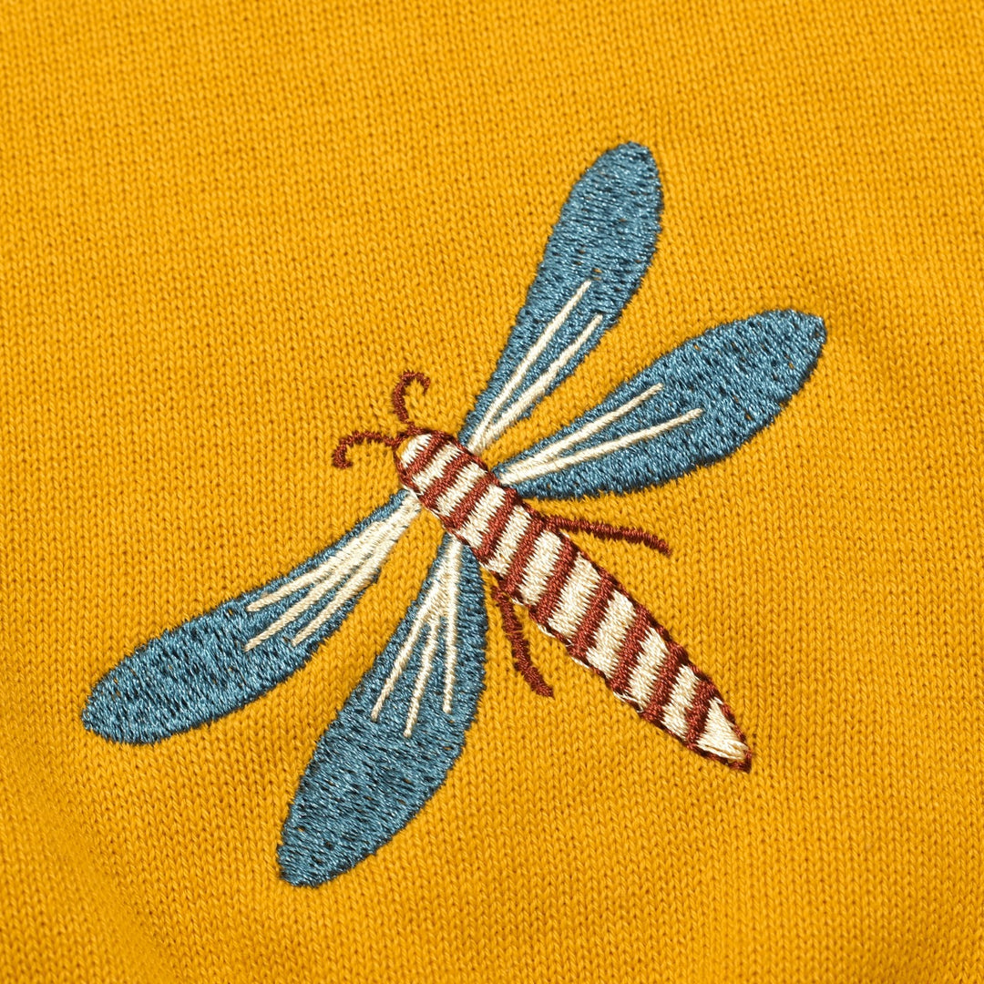 Women's Yellow Retro Animal Embroidery Batwing Sleeve Knit T-Shirt