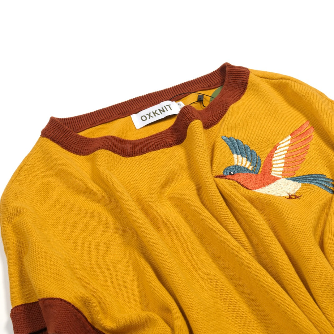 Women's Yellow Retro Animal Embroidery Batwing Sleeve Knit T-Shirt