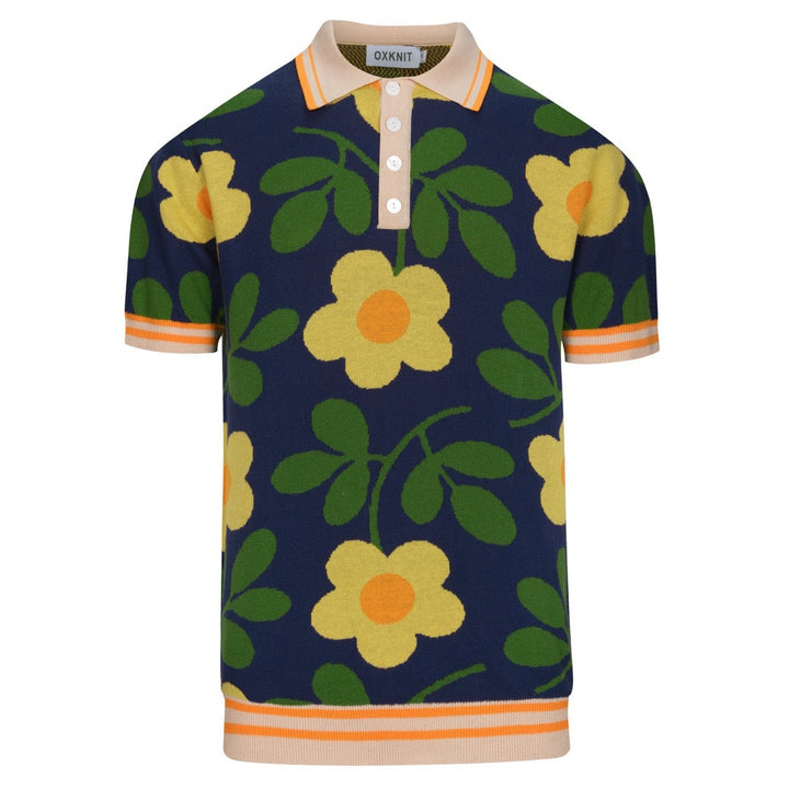 Donkerblauwe Vintage Art Floral Jacquard Gebreide Polo voor Heren