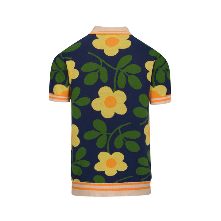 Donkerblauwe Vintage Art Floral Jacquard Gebreide Polo voor Heren