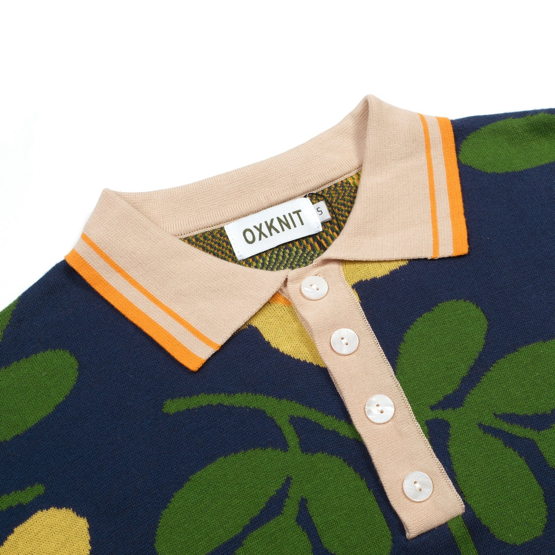 Donkerblauwe Vintage Art Floral Jacquard Gebreide Polo voor Heren