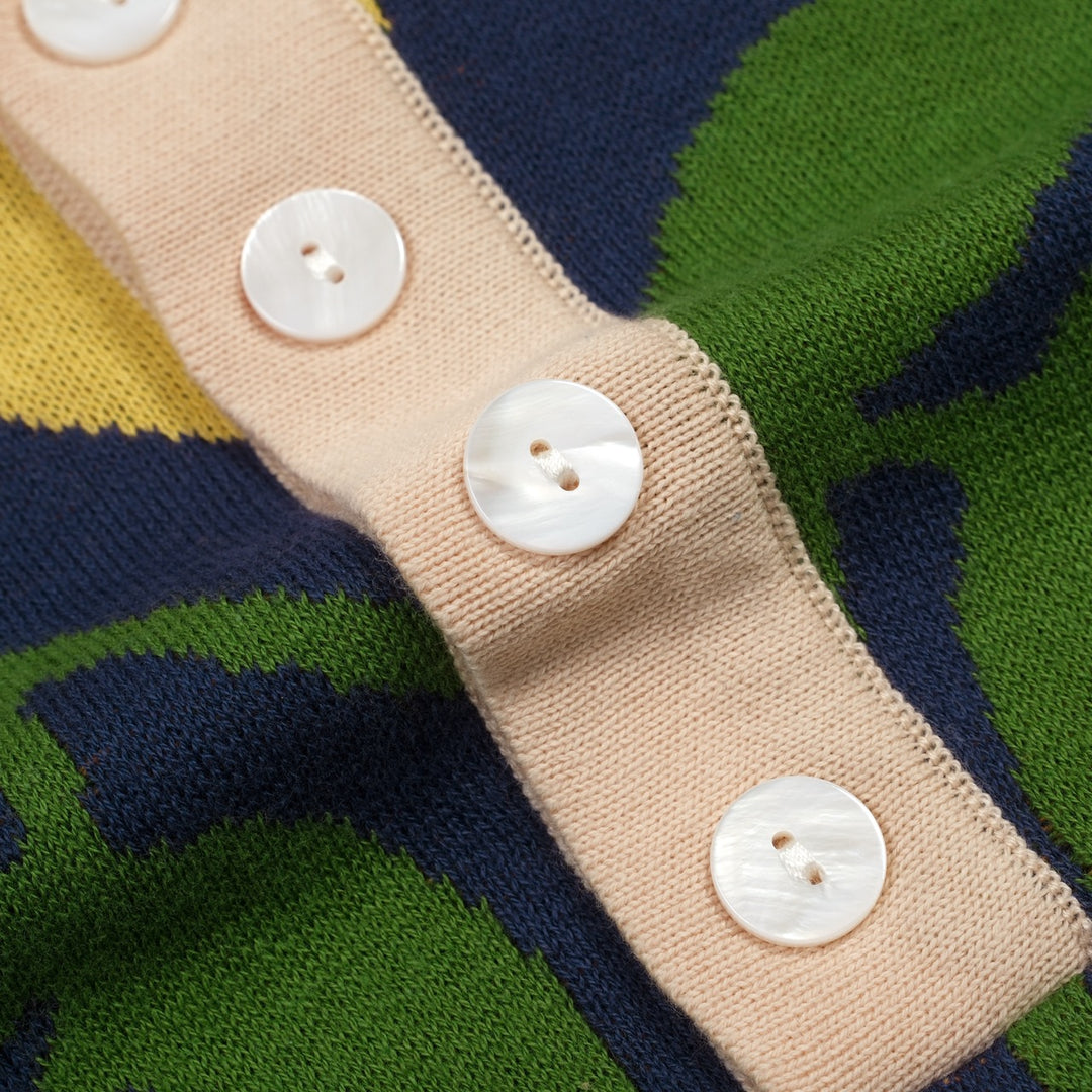 Donkerblauwe Vintage Art Floral Jacquard Gebreide Polo voor Heren