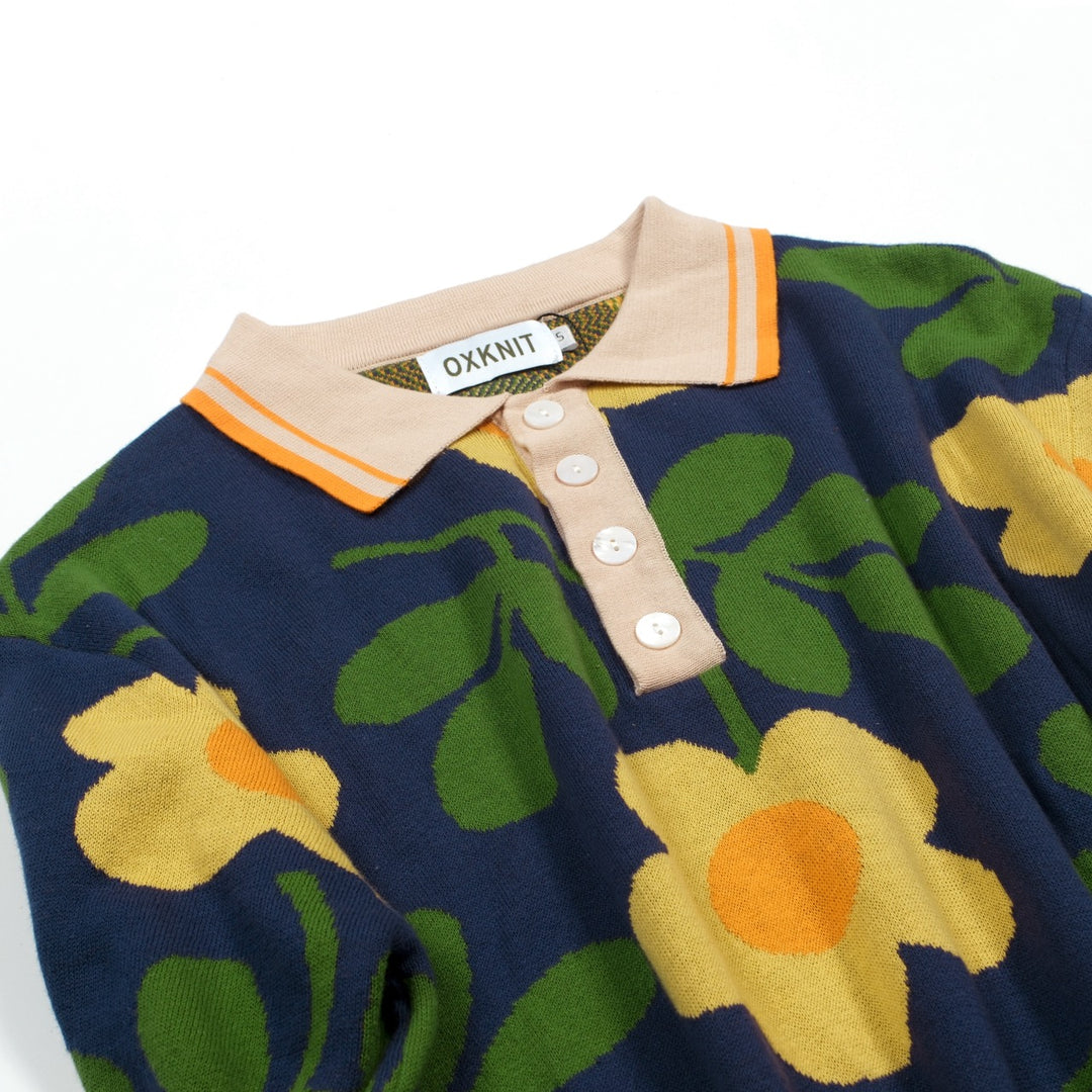 Donkerblauwe Vintage Art Floral Jacquard Gebreide Polo voor Heren