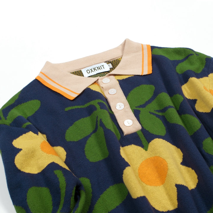 Donkerblauwe Vintage Art Floral Jacquard Gebreide Polo voor Heren