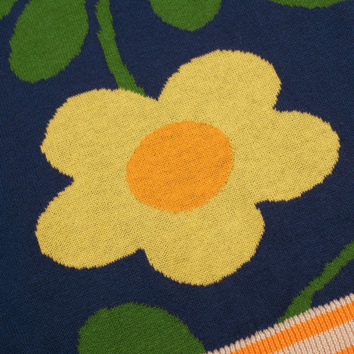 Donkerblauwe Vintage Art Floral Jacquard Gebreide Polo voor Heren