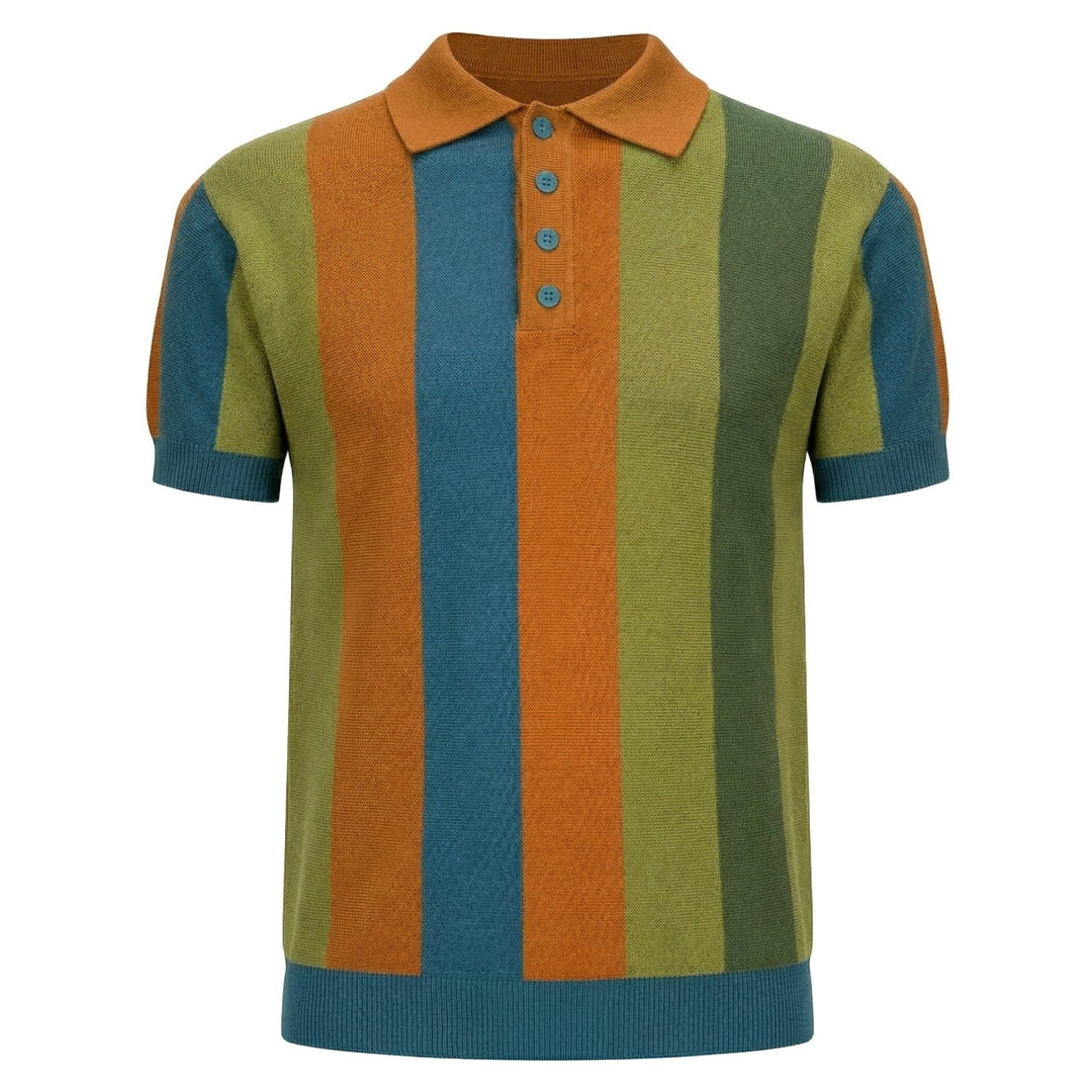 Heren Multi-Color 70s Club Stijl Gebreide Polo Shirt