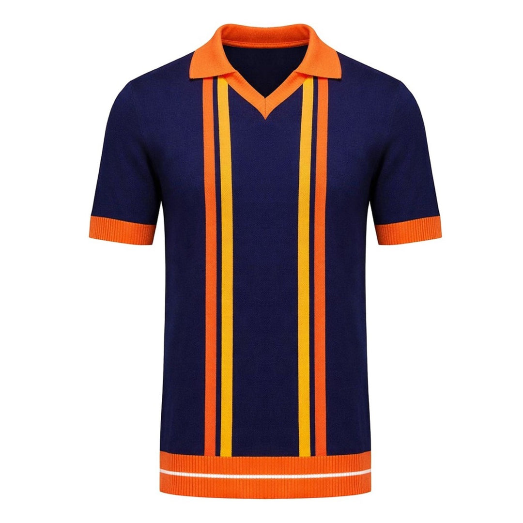 Donkerblauw Retro Herenpolo met Hoog-Verzadigde Kleurblokken en Gestreept Breisel