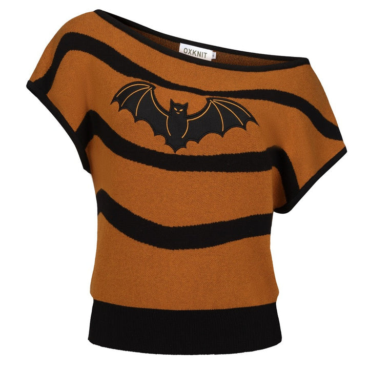 Women's Brown Vintage Bat Embroidery Knit Sloping Shoulders T-Shirt - Cropped Length