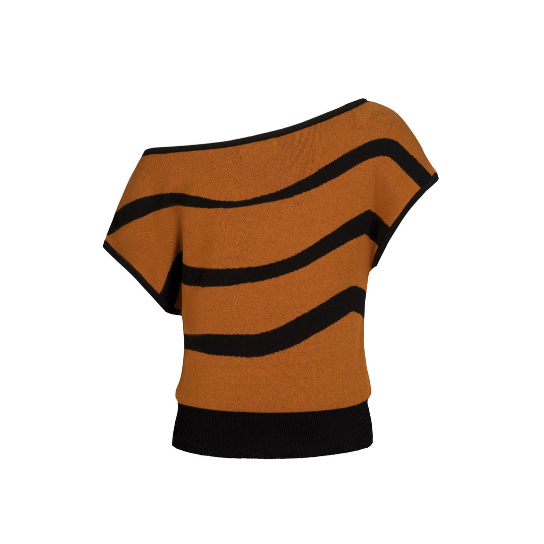 Women's Brown Vintage Bat Embroidery Knit Sloping Shoulders T-Shirt - Cropped Length