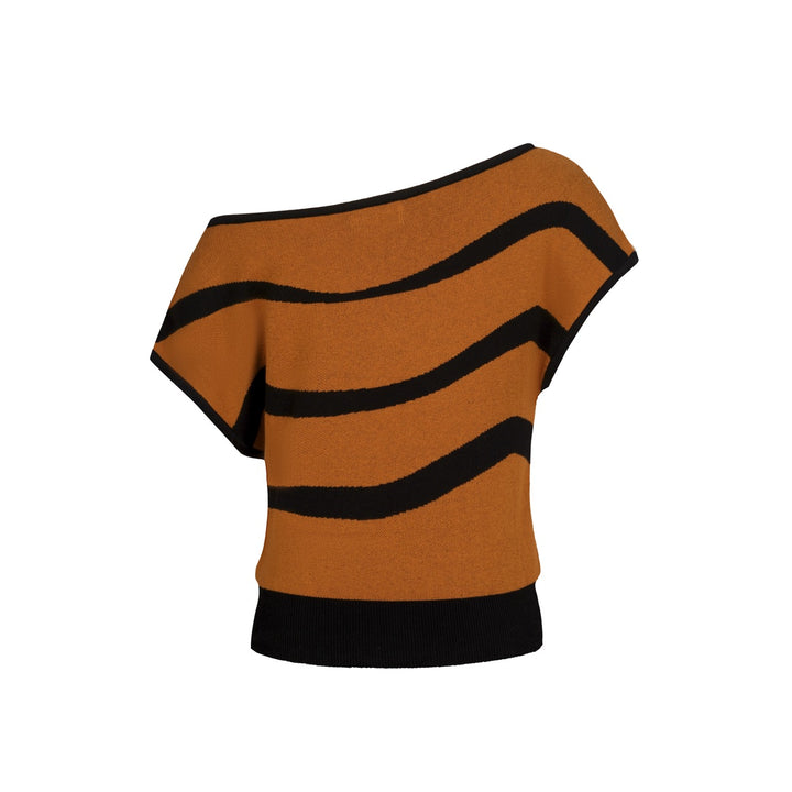 Women's Brown Vintage Bat Embroidery Knit Sloping Shoulders T-Shirt - Cropped Length