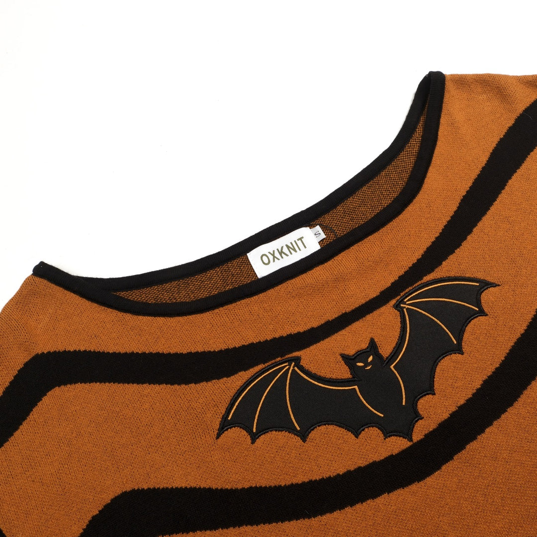 Women's Brown Vintage Bat Embroidery Knit Sloping Shoulders T-Shirt - Cropped Length