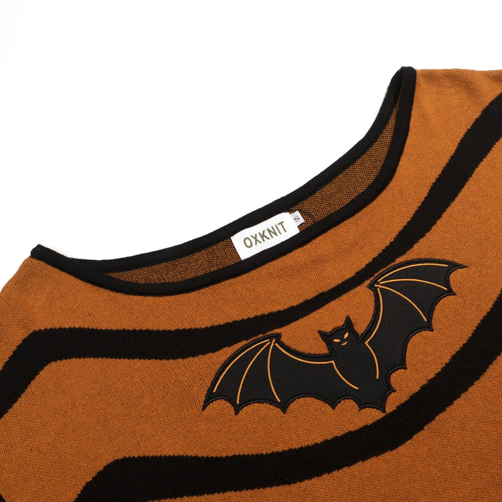 Women's Brown Vintage Bat Embroidery Knit Sloping Shoulders T-Shirt - Cropped Length