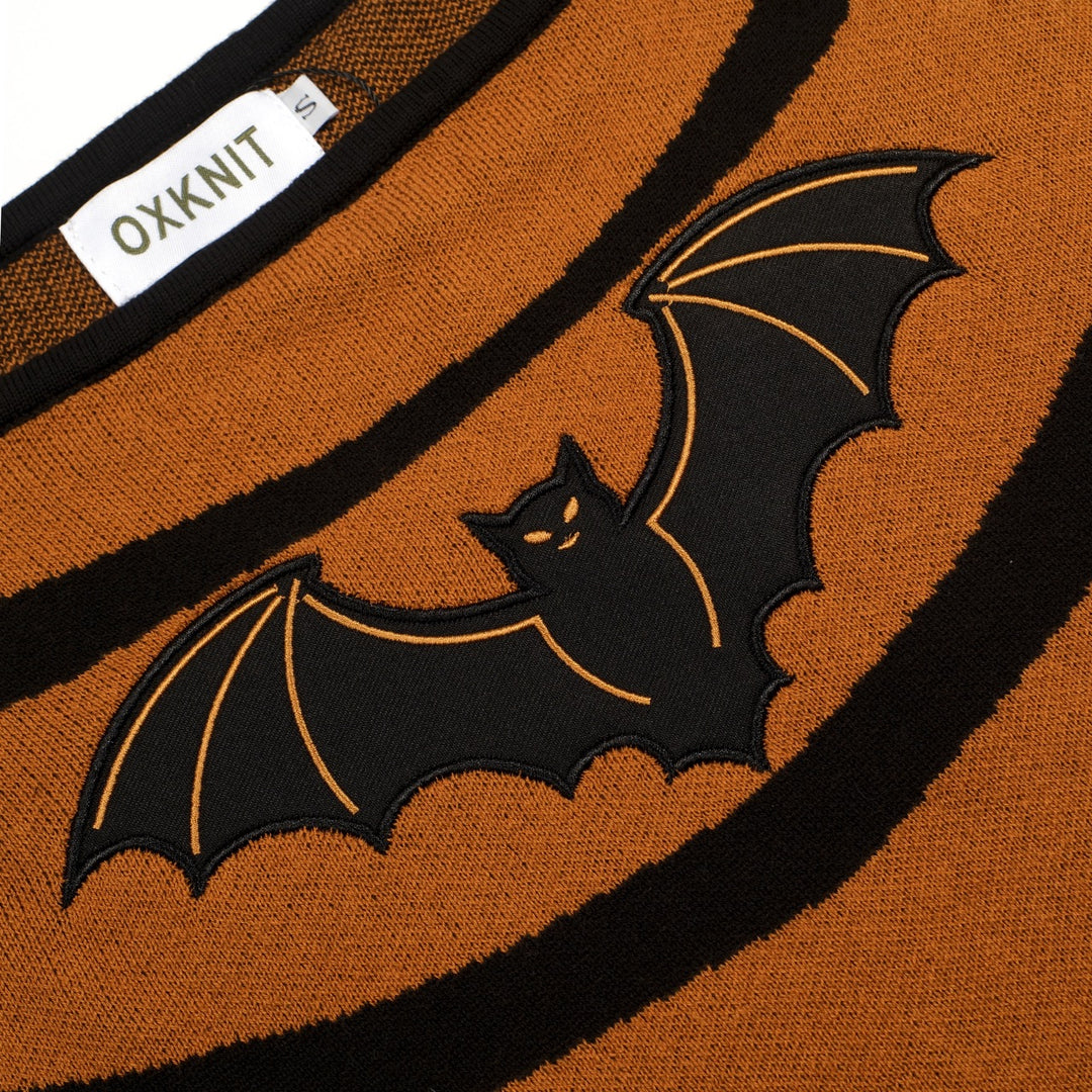 Women's Brown Vintage Bat Embroidery Knit Sloping Shoulders T-Shirt - Cropped Length