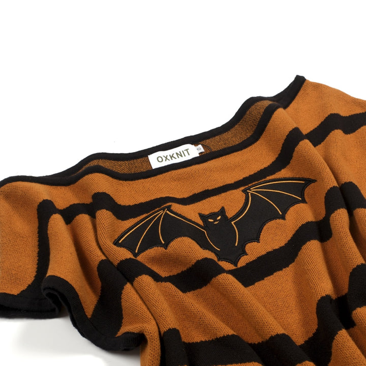 Women's Brown Vintage Bat Embroidery Knit Sloping Shoulders T-Shirt - Cropped Length