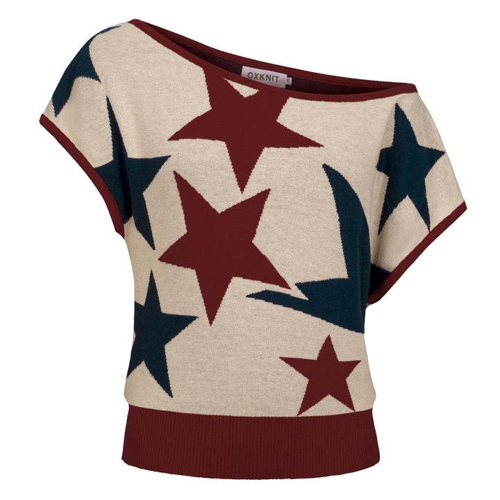 T-shirt Femme Star Jacquard Tricot Épaules Descendantes - Longueur Cropped