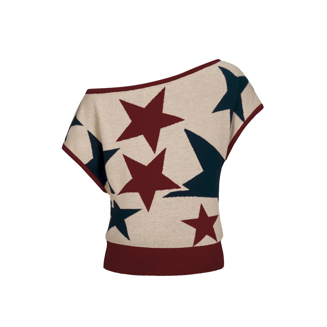 T-shirt Femme Star Jacquard Tricot Épaules Descendantes - Longueur Cropped