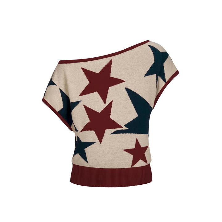 T-shirt Femme Star Jacquard Tricot Épaules Descendantes - Longueur Cropped