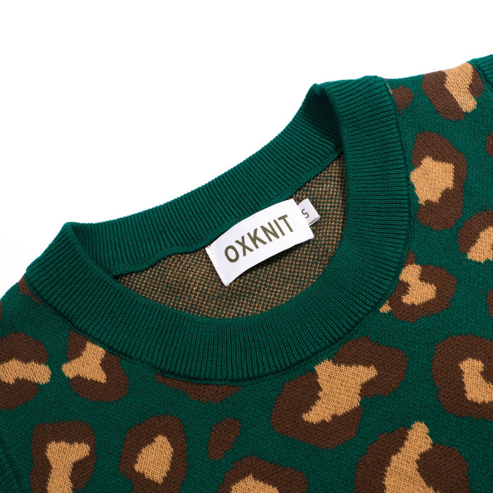 Conjunto de Vestido de Alças em Malha Jacquard Verde com Estampado Retro de Leopardo para Mulher