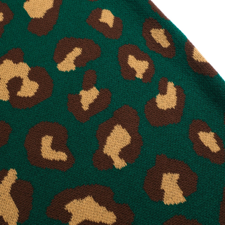 Conjunto de Vestido de Alças em Malha Jacquard Verde com Estampado Retro de Leopardo para Mulher