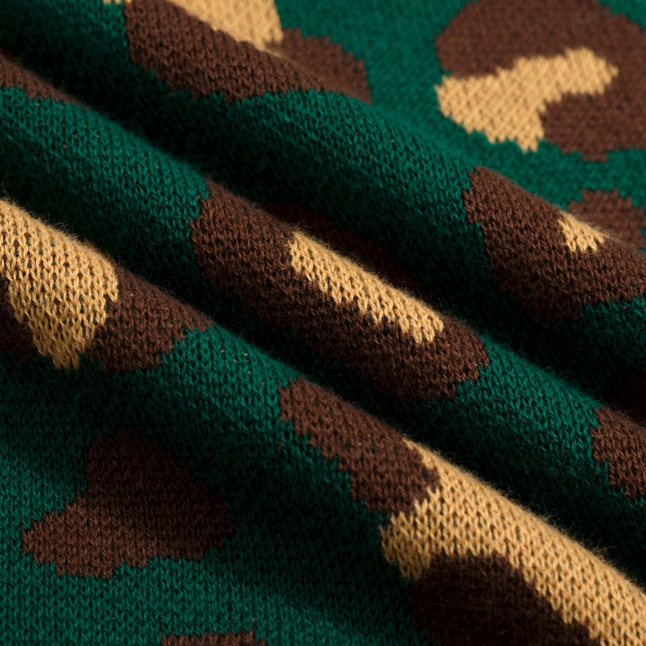 Conjunto de Vestido de Alças em Malha Jacquard Verde com Estampado Retro de Leopardo para Mulher