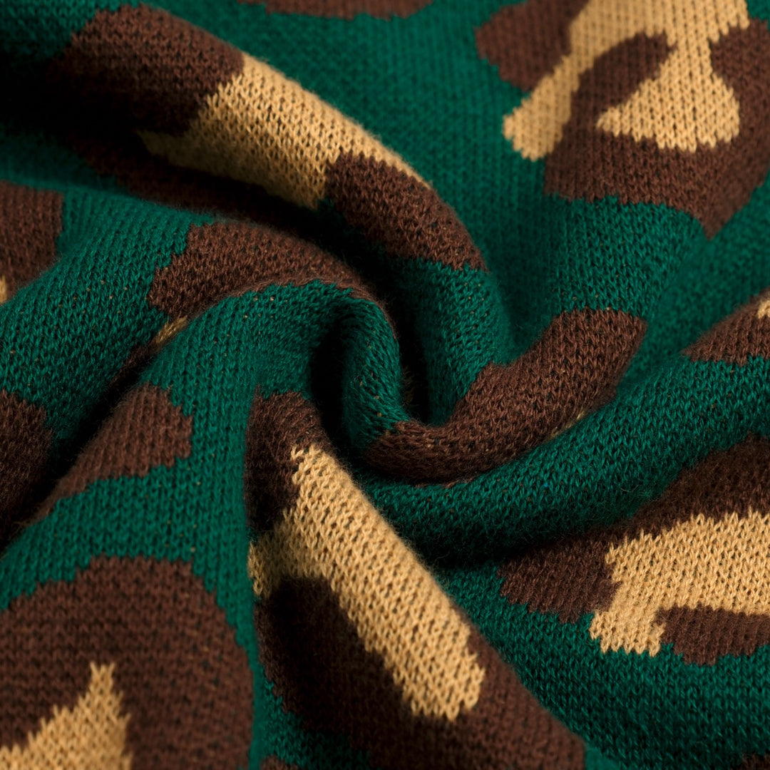 Conjunto de Vestido de Alças em Malha Jacquard Verde com Estampado Retro de Leopardo para Mulher