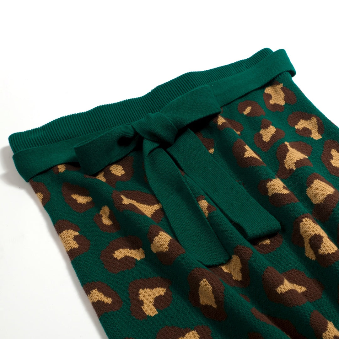 Conjunto de Vestido de Alças em Malha Jacquard Verde com Estampado Retro de Leopardo para Mulher