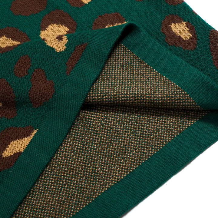 Conjunto de Vestido de Alças em Malha Jacquard Verde com Estampado Retro de Leopardo para Mulher