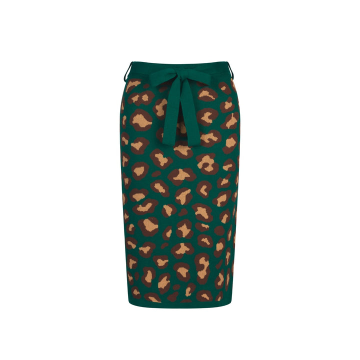 Conjunto de Vestido de Alças em Malha Jacquard Verde com Estampado Retro de Leopardo para Mulher