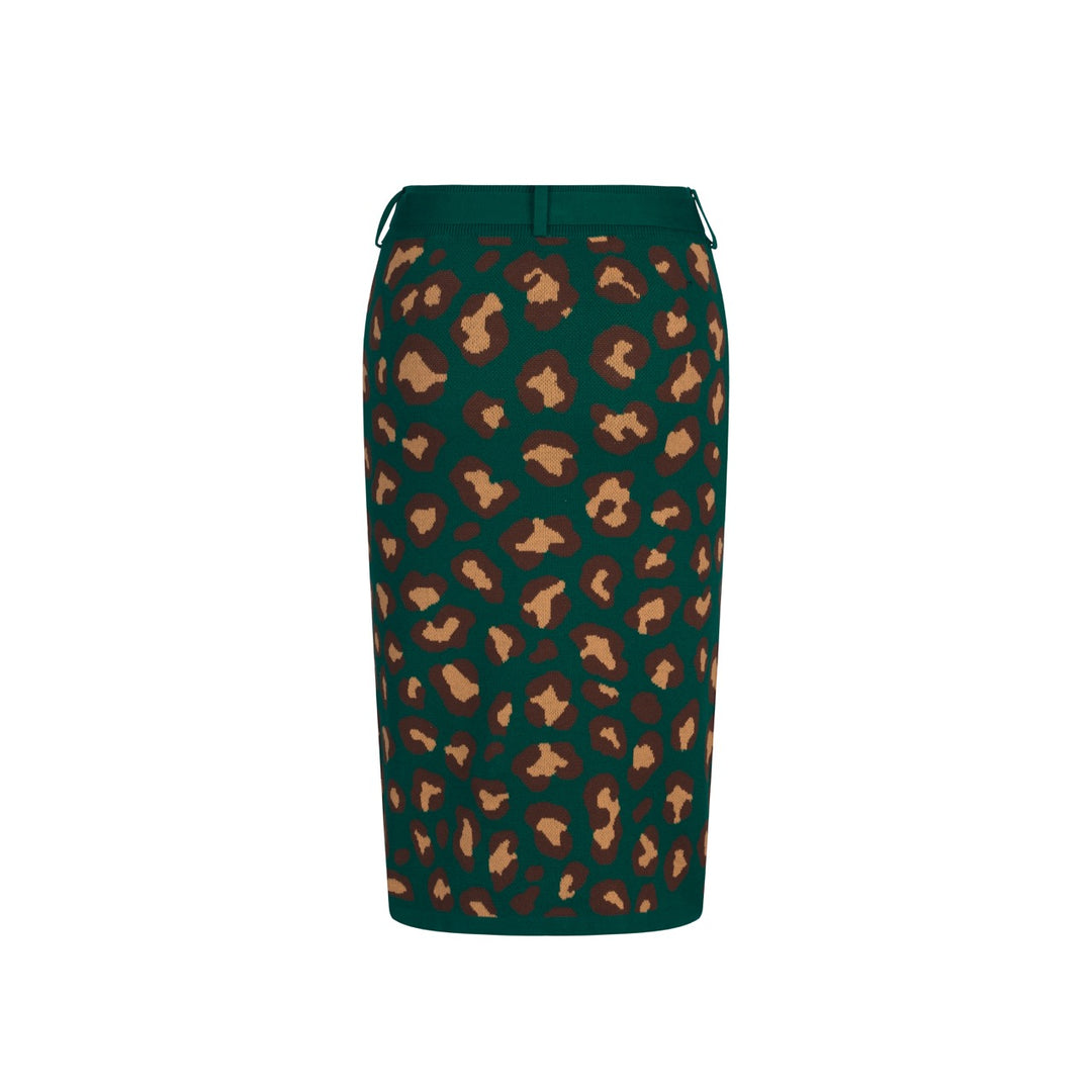 Conjunto de Vestido de Alças em Malha Jacquard Verde com Estampado Retro de Leopardo para Mulher